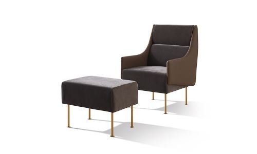 Fauteuil avec repose pieds en tissu et simili cuir CUBA - Marron