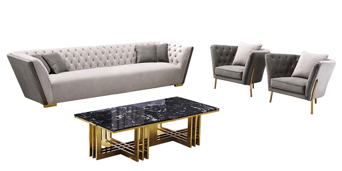Canapé 4 places en velours KIARA - Gris/Beige