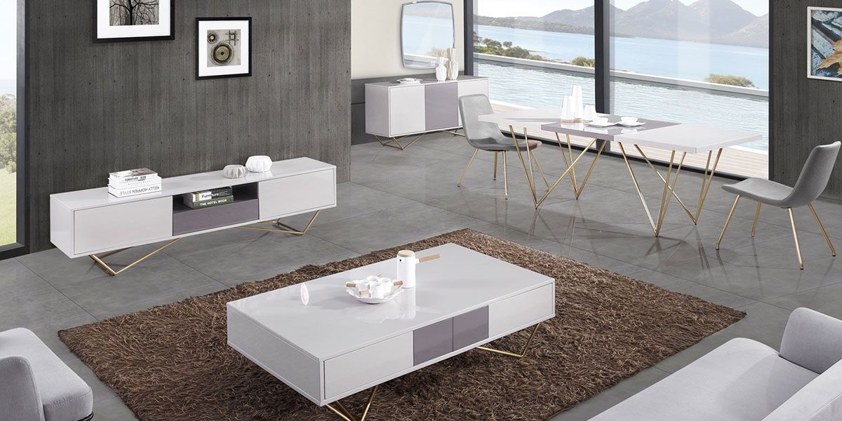 Table à manger laqué/acier JAZZ - Blanc/Gris/Gold